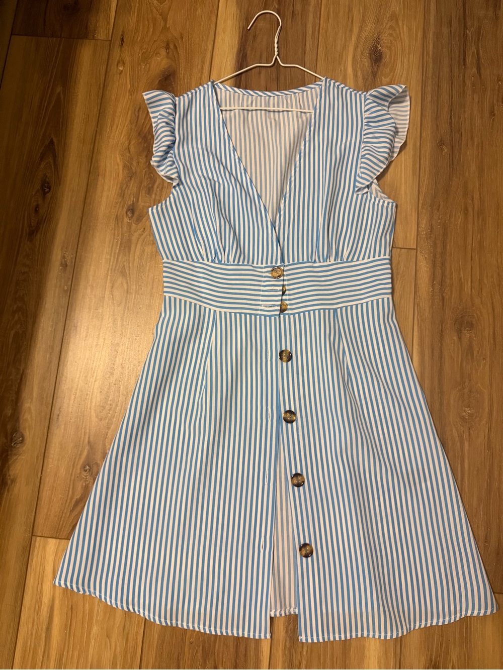 Blue and White Striped V-Neck Button Front Dress